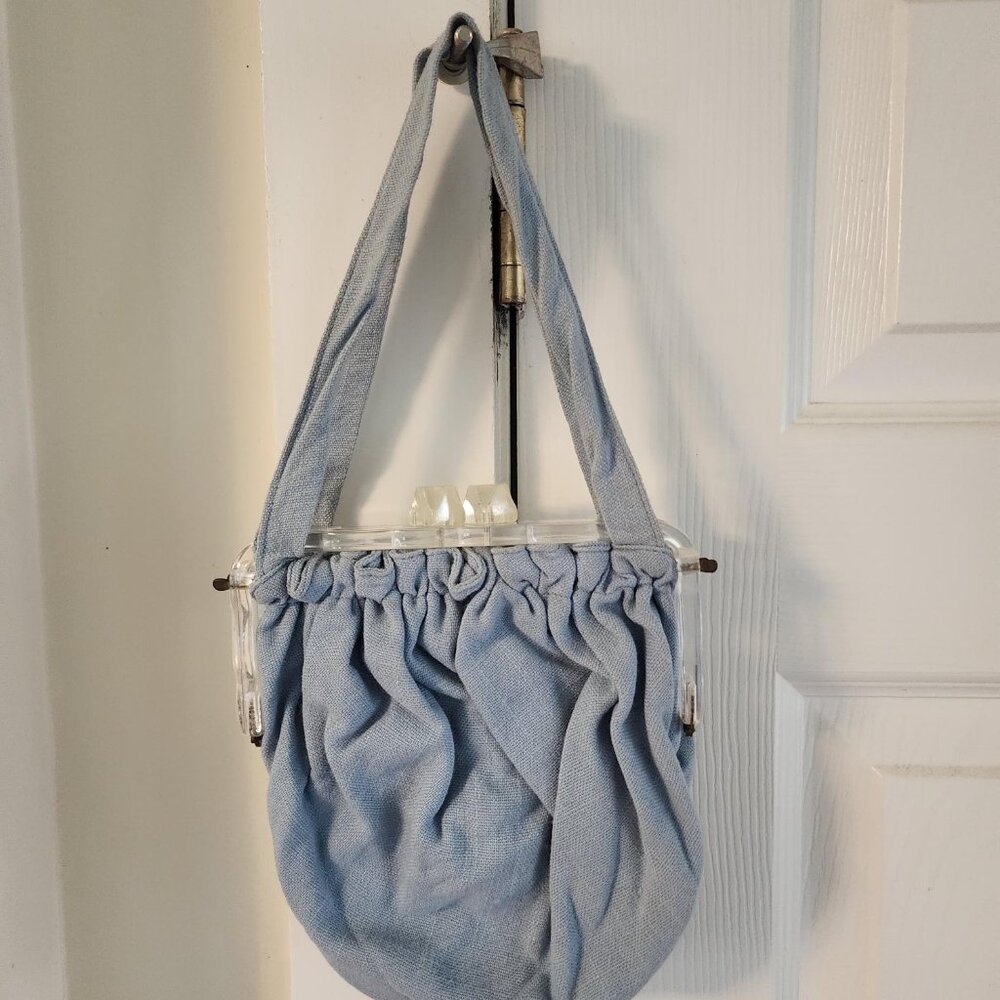 Vintage 1940s Lucite Frame Purse Pale Blue Linen | Art Deco Pouch Bag